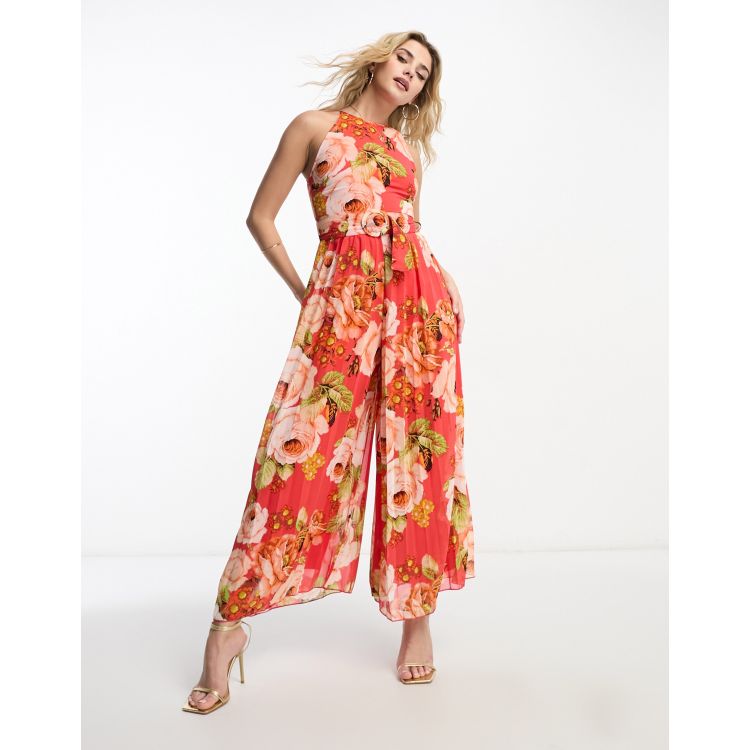 ASOS DESIGN pleated jumpsuit with belt in red floral