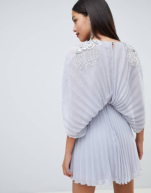 ASOS DESIGN pleated kimono mini dress with cluster embellished shoulders