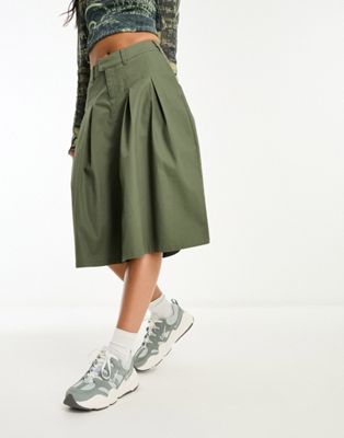 ASOS DESIGN pleated knee length skirt in khaki