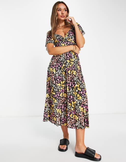 ASOS DESIGN pleated knot detail midi dress in black base floral | ASOS