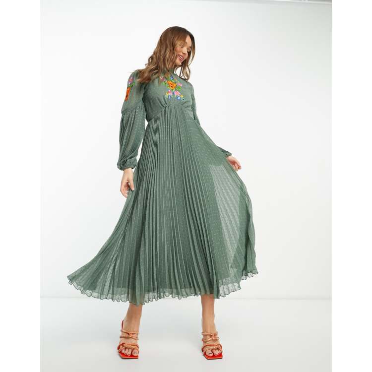 Asos design embroidered pleated best sale midi dress with fluted sleeve