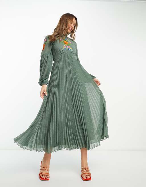 Pleated embroidered midi dress best sale