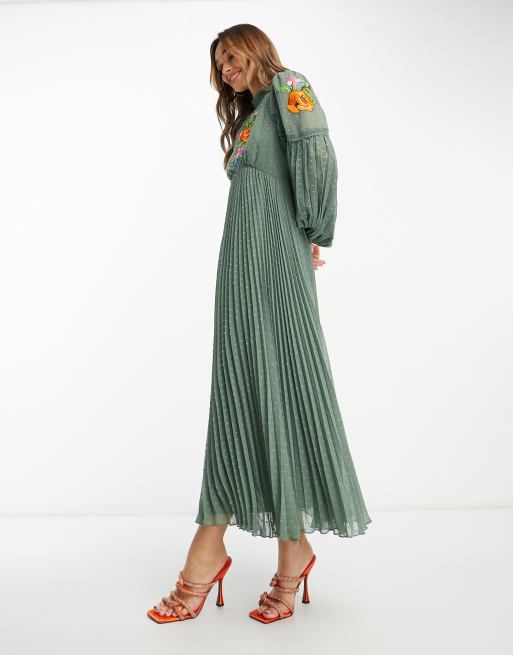 Asos design pleated store embroidered midi dress