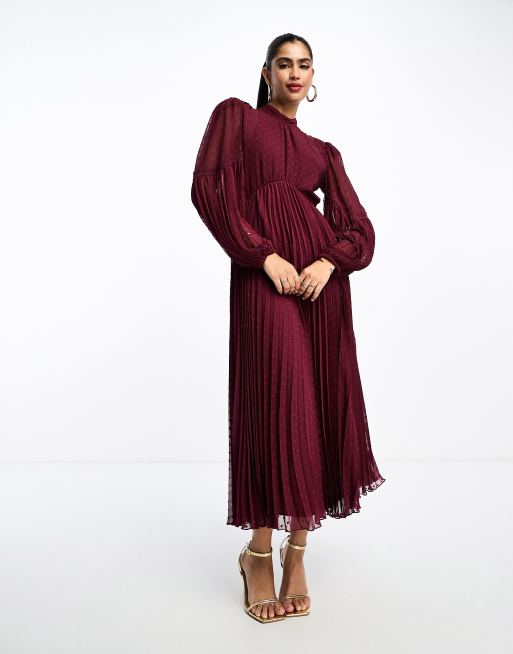 ASOS DESIGN Maternity pleated midi dress with lace inserts in oxblood