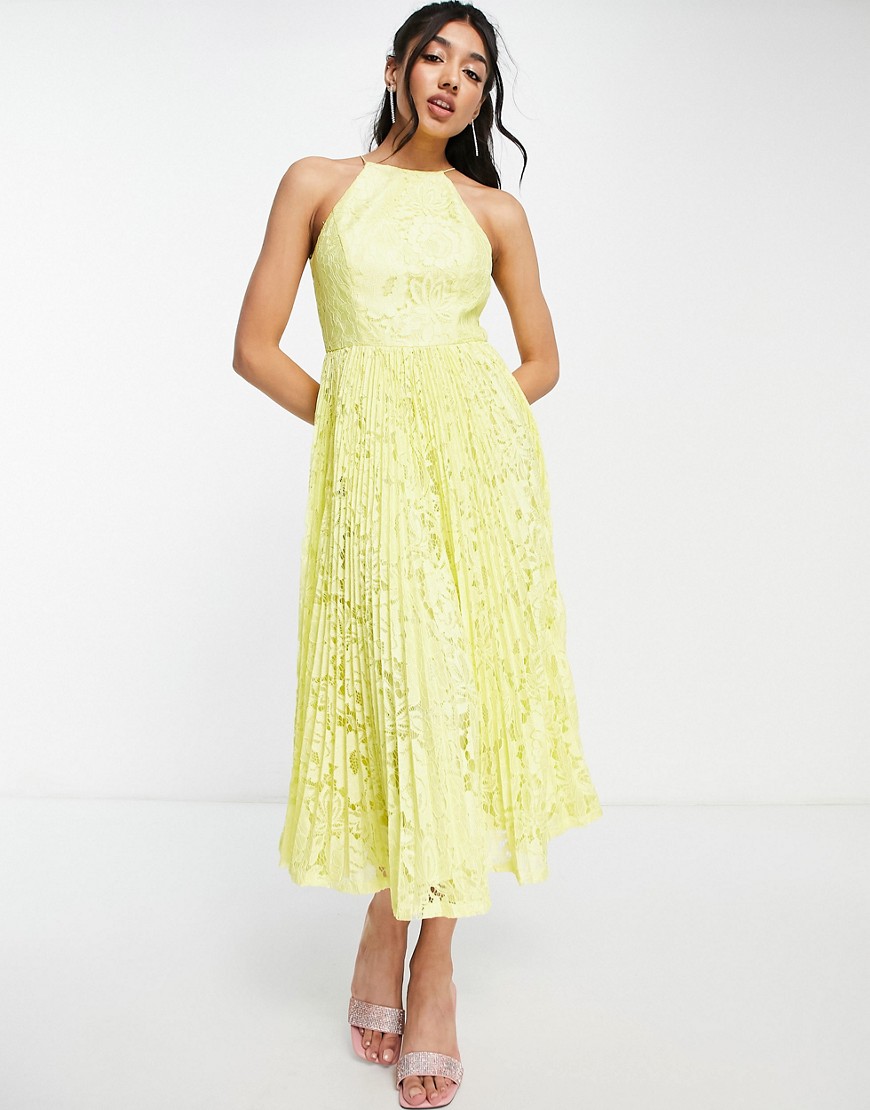 ASOS DESIGN pleated lace midi prom dress in yellow
