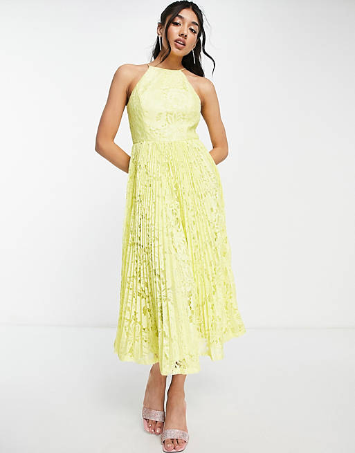 ASOS DESIGN pleated lace midi prom dress in yellow | ASOS