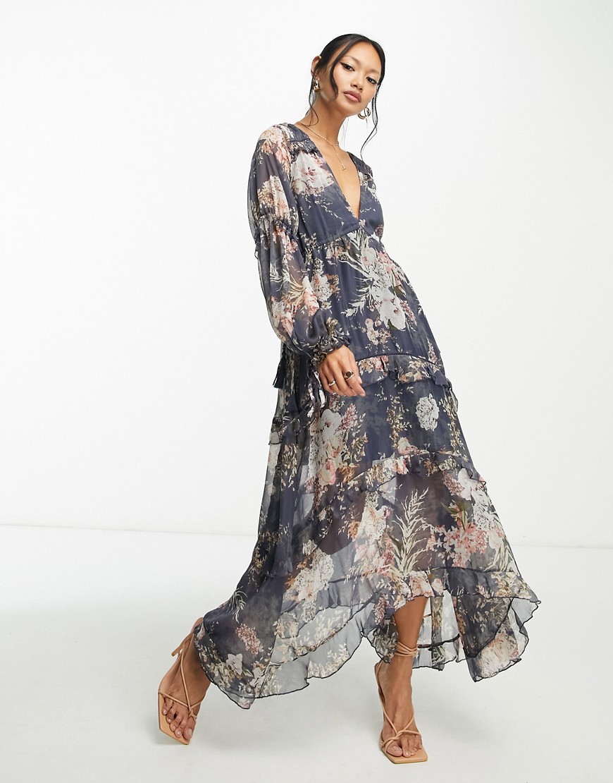 ASOS DESIGN pleated layered tiered midi dress in navy floral print with lace trim-Multi