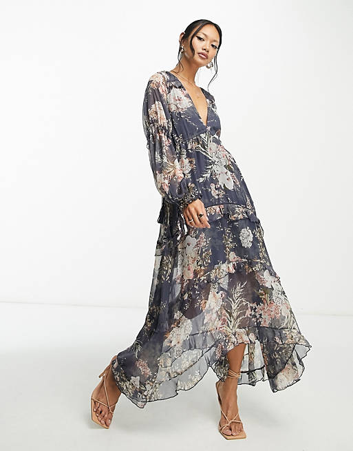 ASOS DESIGN pleated layered tiered midi dress in navy floral print with lace trim