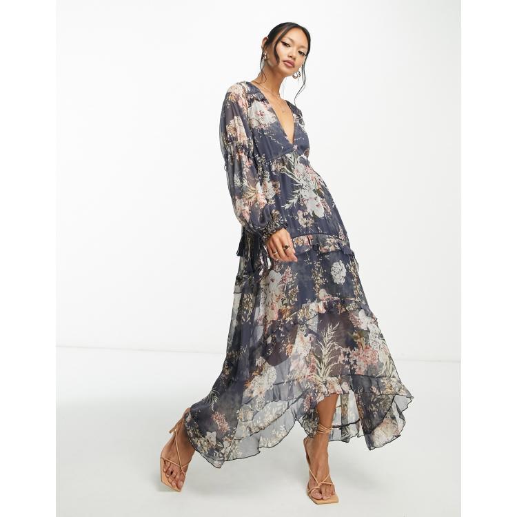 ASOS DESIGN pleated layered tiered midi dress in navy floral print with  lace trim