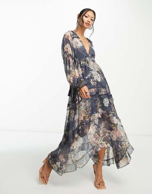 Navy Floral Long Sleeve Pleated Midi Dress