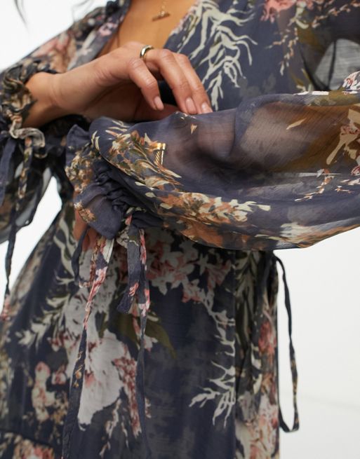 ASOS Design Lace Trim Volume Sleeve Midi Dress