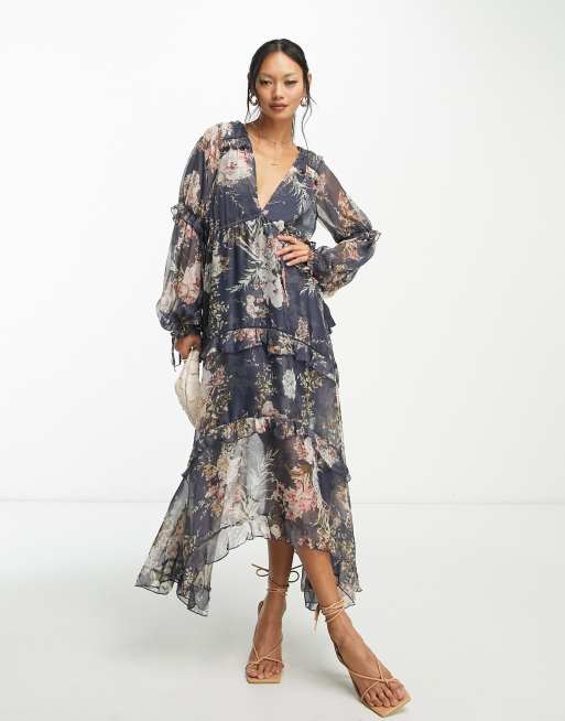 Navy floral long store sleeve pleated midi dress