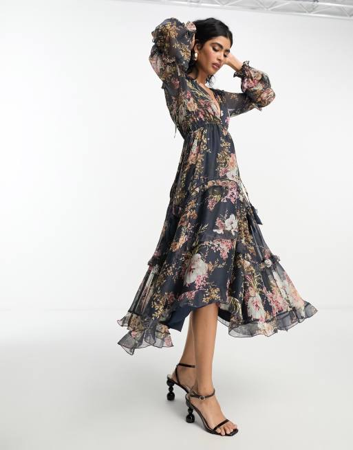 Navy Floral Long Sleeve Pleated Midi Dress