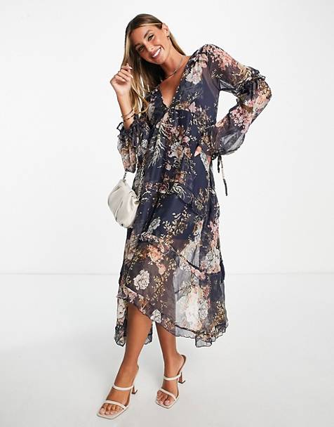 Womens Long Sleeves Button Up Floral Print Flowy Party Maxi Shirt Dress