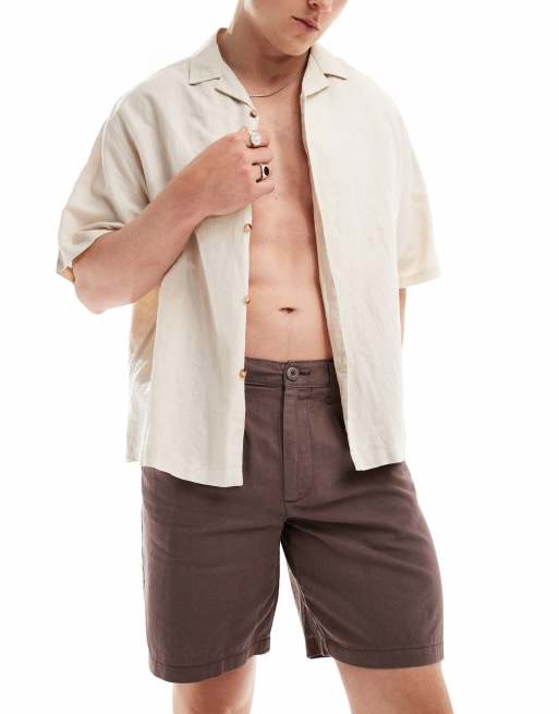 ASOS DESIGN pleated linen mix shorts in brown