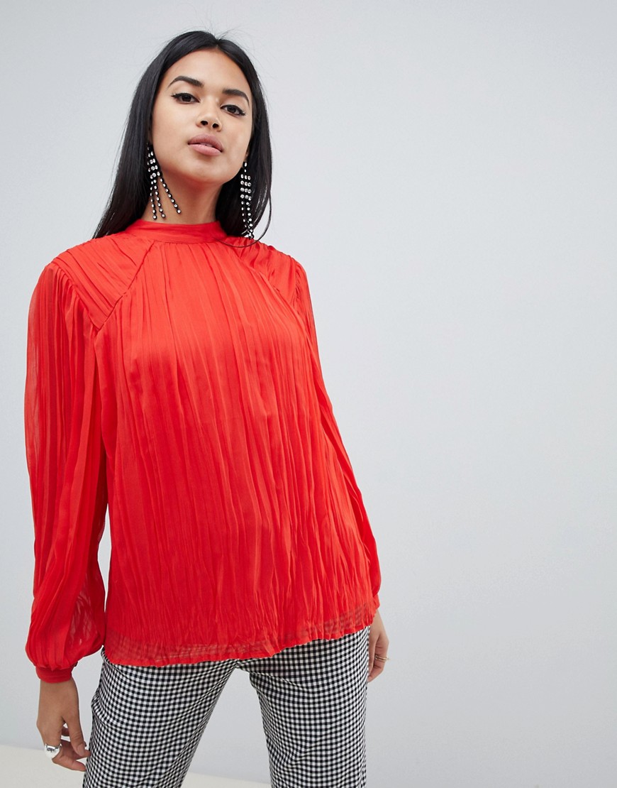 ASOS DESIGN pleated long sleeve blouse with tie back detail-Red