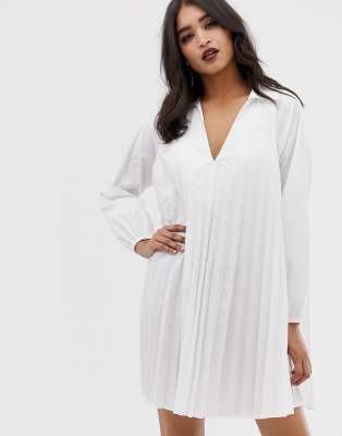 ASOS DESIGN pleated long sleeve cotton swing mini dress-white