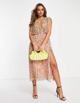 Asos Design Pleated Maxi Dress In Pink And Yellow Floral-multi