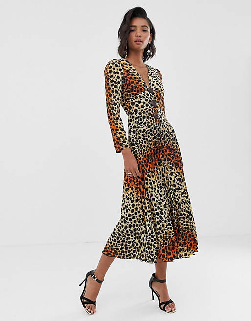 ASOS DESIGN pleated maxi dress with coconut buttons in leopard print