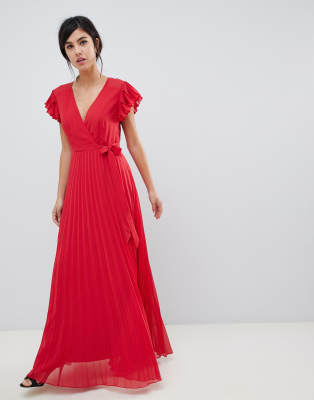 asos design pleated maxi dress with flutter sleeve