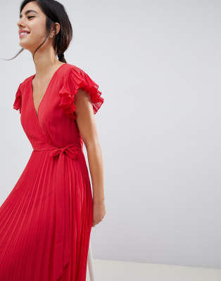 asos design pleated maxi dress with flutter sleeve