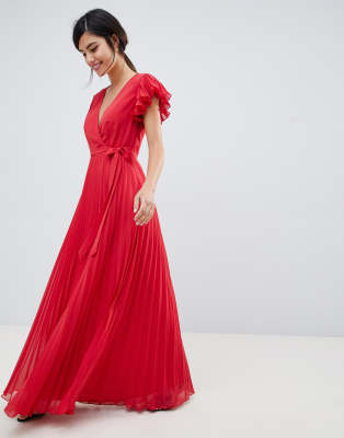 asos design pleated maxi dress with flutter sleeve