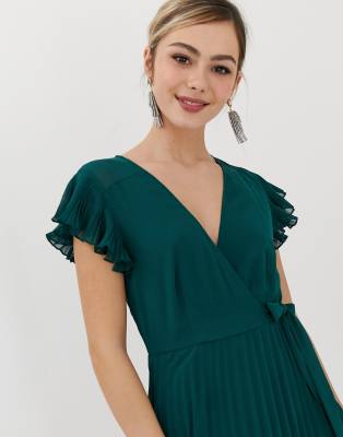 asos design pleated maxi dress with flutter sleeve