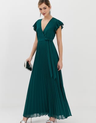 asos design pleated maxi dress with flutter sleeve