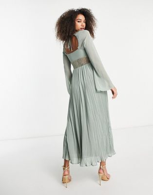 ASOS DESIGN pleated maxi dress with lace insert waist and fluted sleeves in sage | ASOS