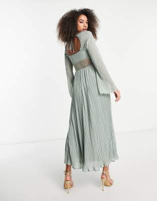 Asos Design Pleated Maxi Dress With Lace Insert Waist And Fluted Sleeves In Sage-green