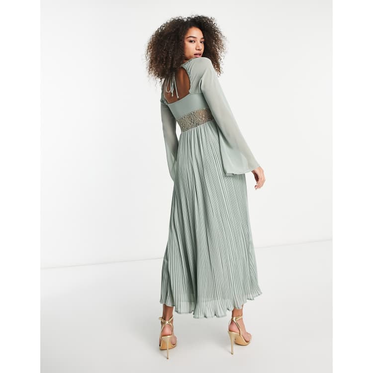 Asos design pleated panelled flutter shop sleeve maxi dress with lace inserts