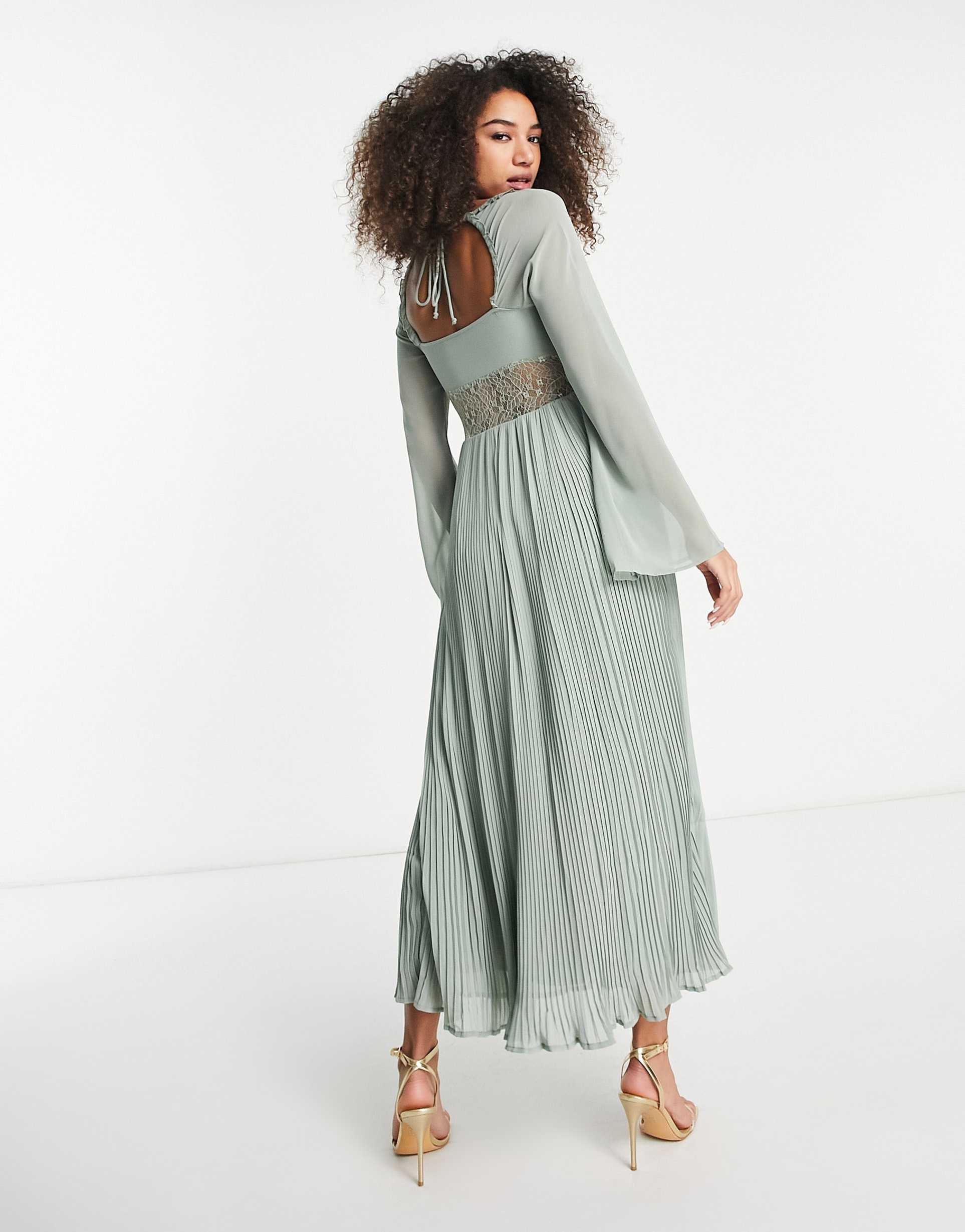 asos design pleated maxi dress with lace insert waist and fluted sleeves in sage