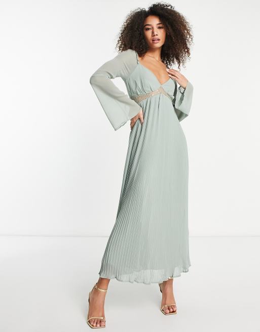 ASOS DESIGN pleated maxi dress with lace insert waist and fluted sleeves in sage