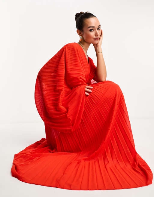 ASOS DESIGN pleated maxi dress with oversized sleeves in red ASOS