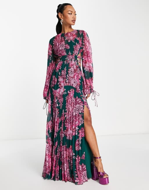 Pleated floral hot sale maxi dress