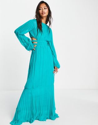 ASOS DESIGN pleated maxi dress with ruched waist detail in turquoise