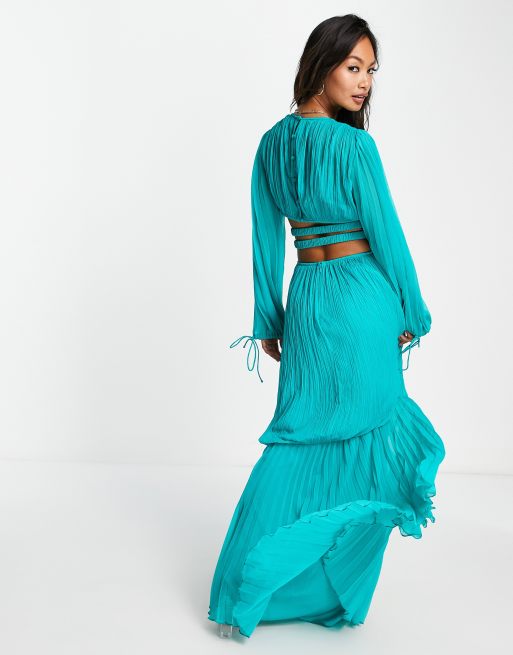 ASOS DESIGN pleated maxi dress with ruched waist detail in turquoise