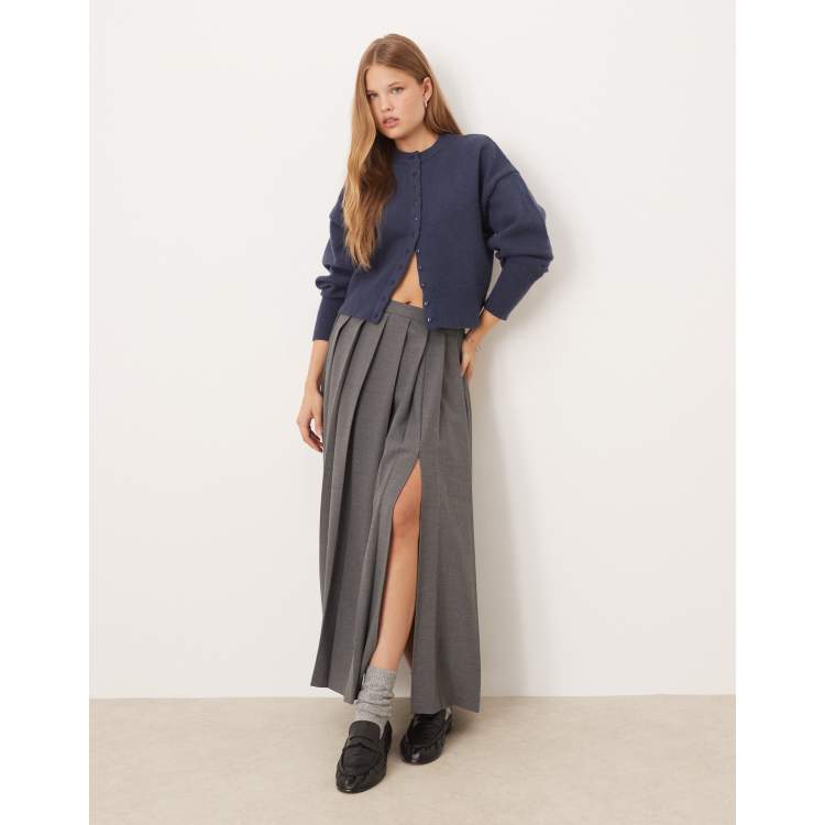 スカート helk SLIT PLEATED SKIRT (GRAY) Long pleated skirt with slit middle grey melange | Calliope