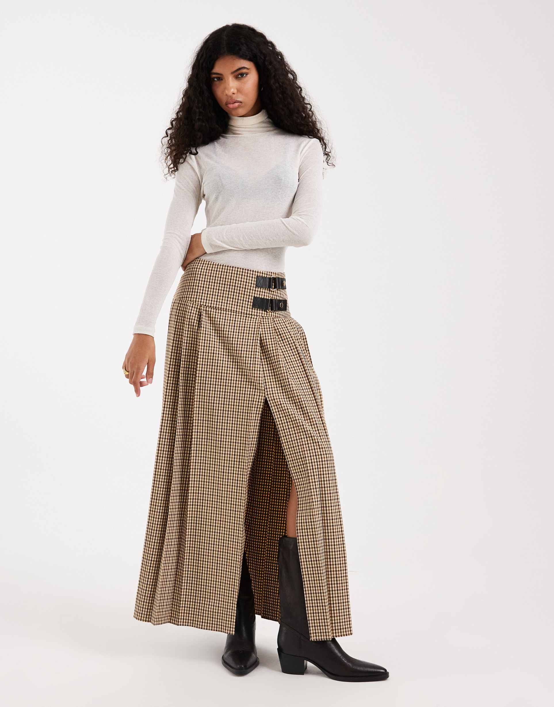 asos design pleated maxi skirt in micro plaid