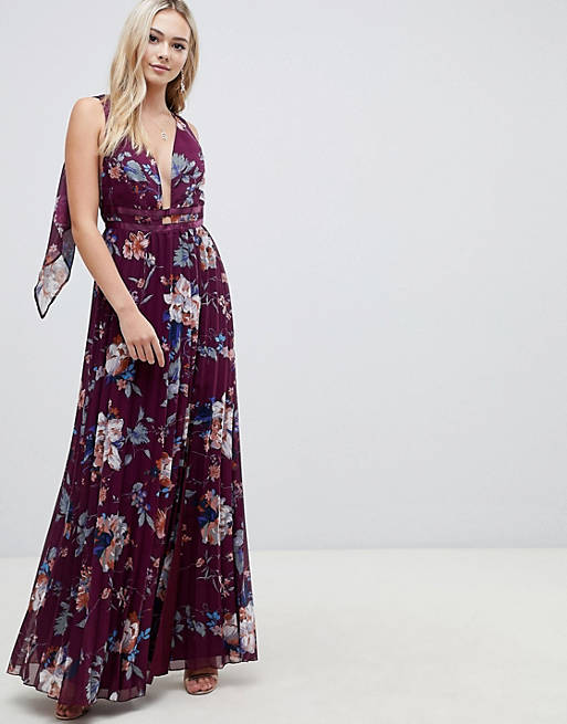 ASOS DESIGN pleated maxi with tape detail in winter floral print