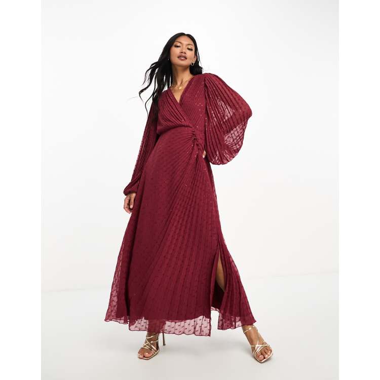 ASOS DESIGN pleated metallic dobby chiffon wrap button detail maxi