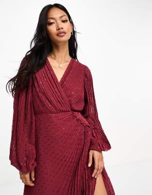 ASOS DESIGN pleated metallic dobby chiffon wrap button detail maxi dress in  burgundy