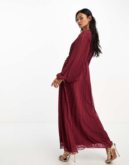 ASOS DESIGN pleated metallic dobby chiffon wrap button detail maxi dress in  burgundy