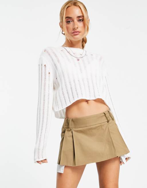 ASOS DESIGN pleated skirt in mid length in beige