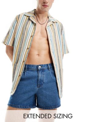 ASOS DESIGN pleated mid length denim shorts in light wash blue