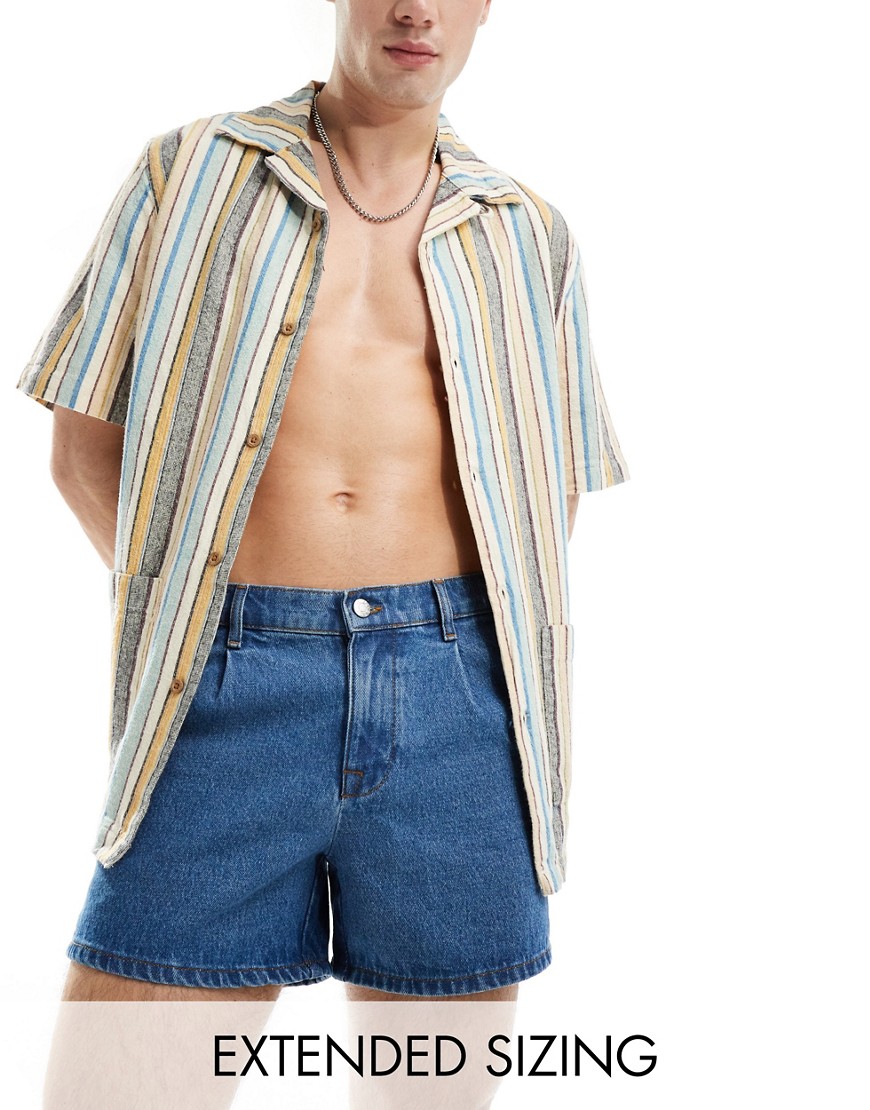 ASOS DESIGN pleated mid length denim shorts in light wash blue