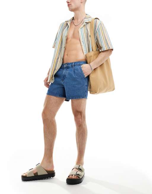 ASOS DESIGN pleated mid length denim shorts in light wash blue, 2 of 5
