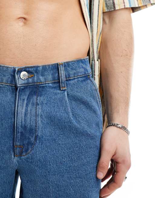 ASOS DESIGN pleated mid length denim shorts in light wash blue, 5 of 5