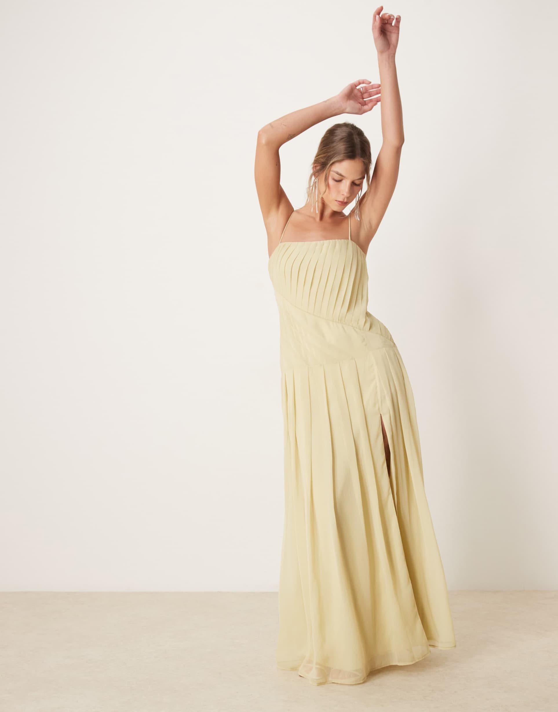 asos design pleated midi cami dress in pale yellow