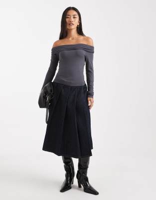 Asos Design Pleated Midi Denim Skirt In Blue